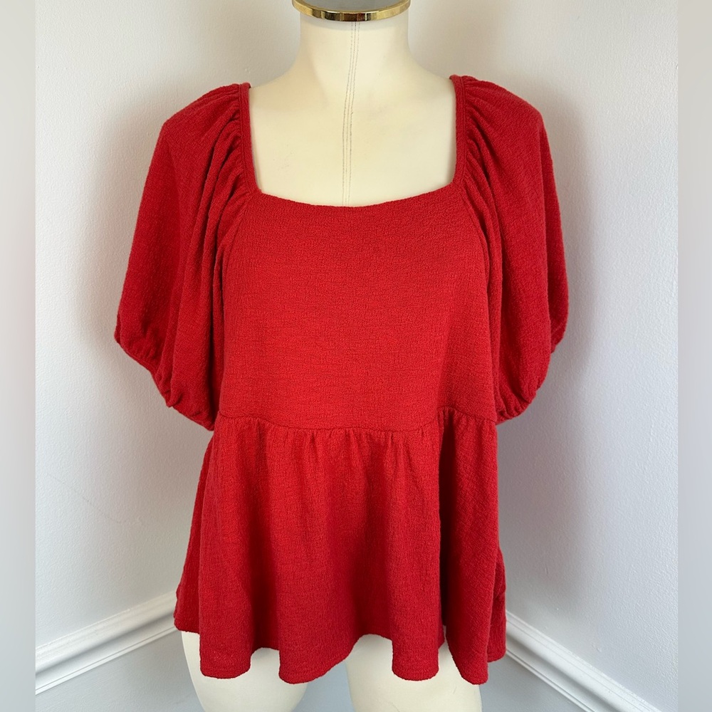 MADEWELL Red Square Neck Puffy Sleeve Babydoll Top | Size Medium - Picture 3 of 11